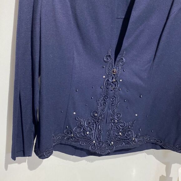 Liz Baker Women's Navy Blue Embroidered Front Blazer Jacket Size 12P NWT - Picture 2 of 9